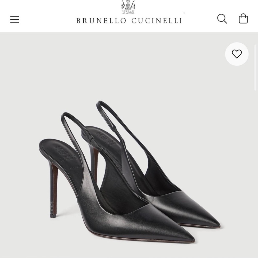 Brunello Cucinelli Black Calf Skin Leather Pointed-Toe Slingback Heels